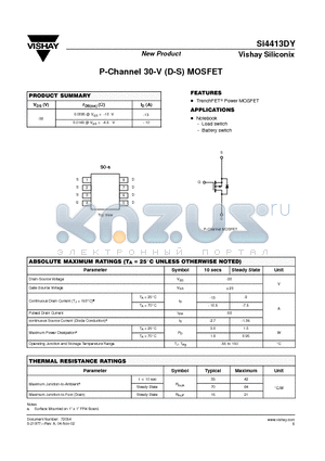 SI4413DY datasheet - P-Channel 30-V (D-S) MOSFET