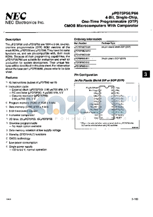 UPD75P56 datasheet - 4-Bit, Single-Chip, One-Time Programmable (OTP) CMOS Microcomputer With Comparator