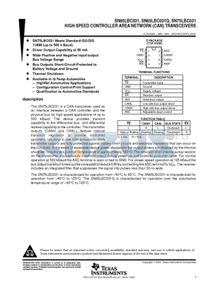 SN75LBC031 datasheet - HIGH-SPEED CONTROLLER AREA NETWORK (CAN) TRANSCEIVERS