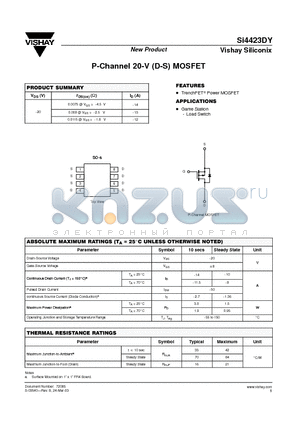 SI4423DY datasheet - P-Channel 20-V (D-S) MOSFET