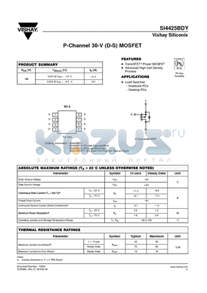 SI4425BDY-E3 datasheet - P-Channel 30-V (D-S) MOSFET