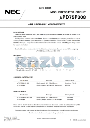 UPD75P308GF-001-3B9 datasheet - 4-BIT SINGLE-CHIP MICROCOMPUTER