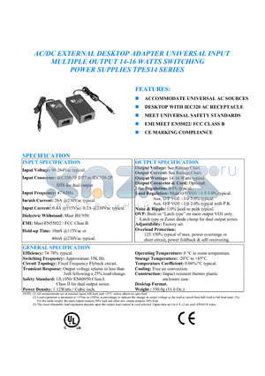 TPES14-14 datasheet - AC/DC EXTERNAL DESKTOP ADAPTER UNIVERSAL INPUT MULTIPLE OUTPUT 14-16 WATTS SWITCHING  POWER SUPPLIES TPES14 SERIES