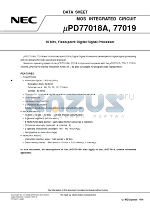 UPD77019GC datasheet - 16 bits, Fixed-point Digital Signal Processor