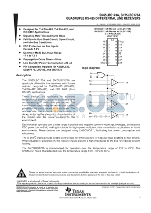 SN75LBC173A datasheet - QUADRUPLE RS-485 DIFFERENTIAL LINE RECEIVERS