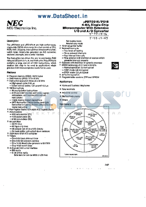 UPD75P516GF datasheet - 4-BIT, SINGLE-CHIP CMOS MICROCOMPUTER WITH EXTENSIVE I/O AND A/D CONVERTER