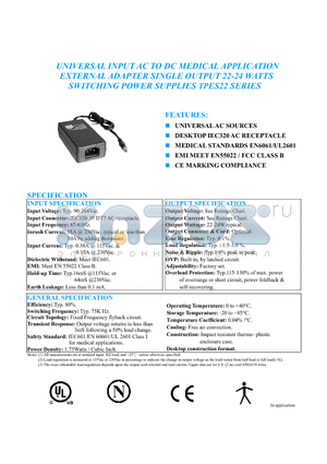 TPES22 datasheet - UNIVERSAL INPUT AC TO DC MEDICAL APPLICATION EXTERNAL ADAPTER SINGLE OUTPUT 22-24 WATTS SWITCHING POWER SUPPLIES TPES22 SERIES