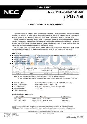 UPD7759GC-3BH datasheet - ADPCM SPEECH SYNTHESIZER LSIs