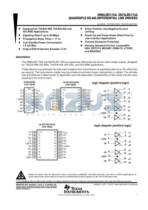 SN75LBC174A16DW datasheet - QUADRUPLE RS- 485 DIFFERENTAIL LINE DRIVERS