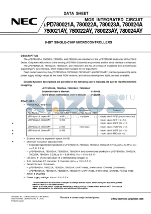 UPD780021AGC-XXX-AB8 datasheet - 8-BIT SINGLE-CHIP MICROCONTROLLERS