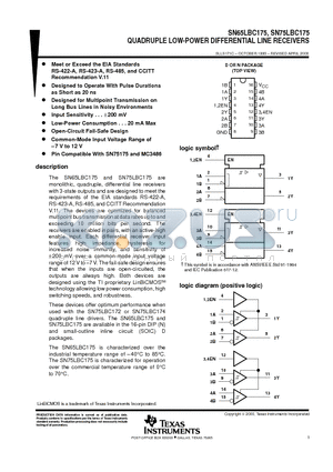 SN75LBC175D datasheet - QUADRUPLE LOW-POWER DIFFERENTIAL LINE RECEIVERS