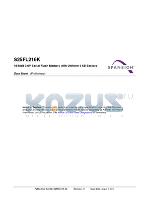 S25FL216K datasheet - 16-Mbit 3.0V Serial Flash Memory with Uniform 4 kB Sectors
