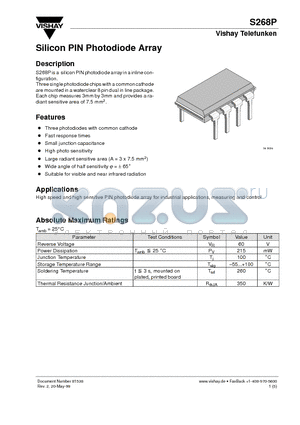 S268P datasheet - Silicon PIN Photodiode Array