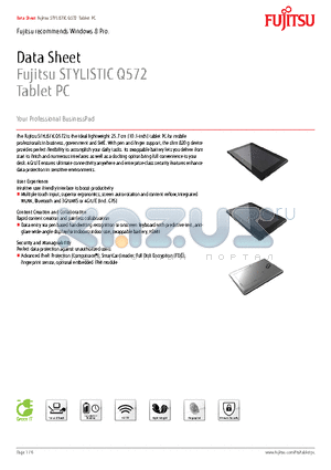 S26341-F103-L500 datasheet - Fujitsu STYLISTIC Q572 Tablet PC
