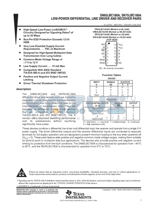 SN75LBC180A datasheet - LOW POWER DIFFERENTIAL LINE DRIVER AND RECEIVER PAIRS