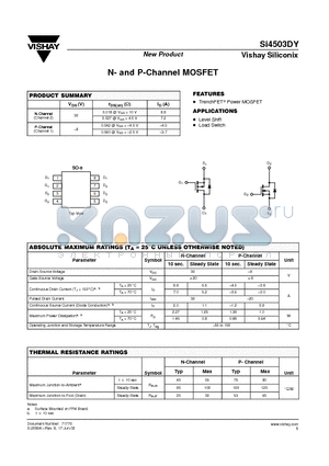 SI4503DY datasheet - N- and P-Channel MOSFET