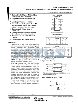 SN75LBC180 datasheet - LOW-POWER DIFFERENTIAL LINE DRIVER AND RECEIVER PAIRS