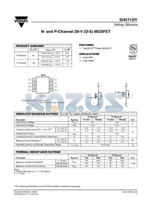 SI4511DY datasheet - N- and P-Channel 20-V (D-S) MOSFET