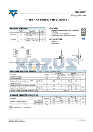 SI4511DY datasheet - N- and P-Channel 20-V (D-S) MOSFET