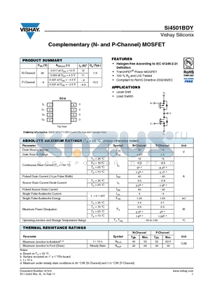 SI4501BDY-T1-GE3 datasheet - Complementary (N- and P-Channel) MOSFET