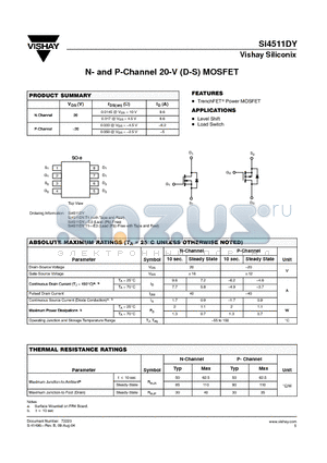 SI4511DY-E3 datasheet - N- and P-Channel 20-V (D-S) MOSFET