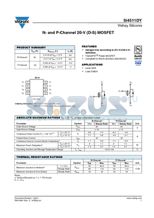 SI4511DY-T1-E3 datasheet - N- and P-Channel 20-V (D-S) MOSFET