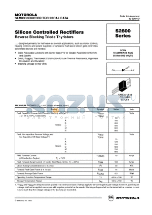 S2800 datasheet - SCRs 10 AMPERES RMS 50 thru 800 VOLTS