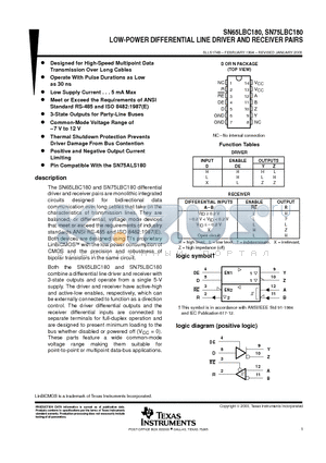 SN75LBC180N datasheet - LOW-POWER DIFFERENTIAL LINE DRIVER AND RECEIVER PAIRS
