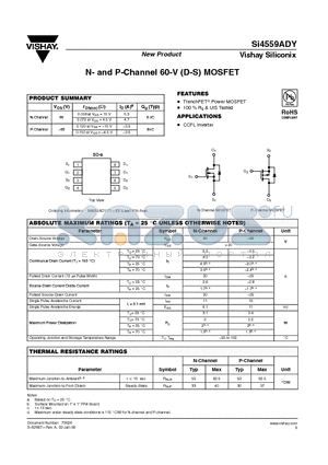 SI4559ADY datasheet - N- and P-Channel 60-V (D-S) MOSFET