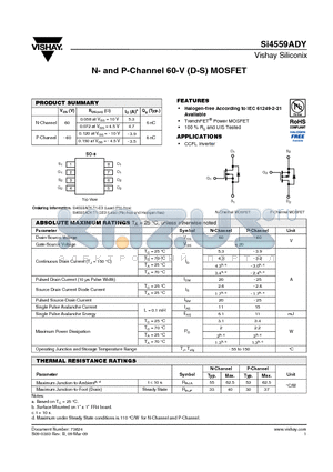 SI4559ADY datasheet - N- and P-Channel 60-V (D-S) MOSFET