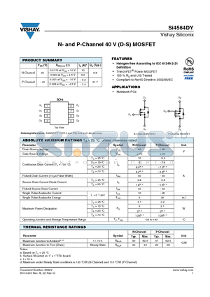 SI4564DY datasheet - N- and P-Channel 40 V (D-S) MOSFET