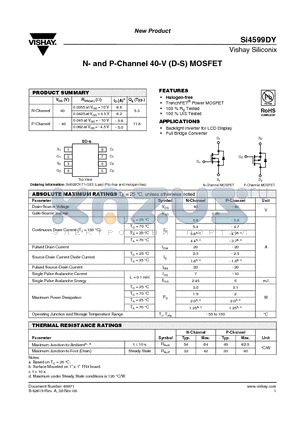 SI4599DY datasheet - N- and P-Channel 40-V (D-S) MOSFET