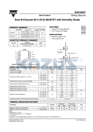 SI4618DY datasheet - Dual N-Channel 30-V (D-S) MOSFET with Schottky Diode
