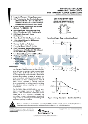 SN75LBC184PE4 datasheet - DIFFERENTIAL TRANSCEIVER WITH TRANSIENT VOLTAGE SUPPRESSION