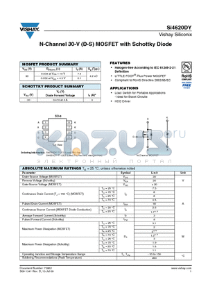 SI4620DY-T1-E3 datasheet - N-Channel 30-V (D-S) MOSFET with Schottky Diode