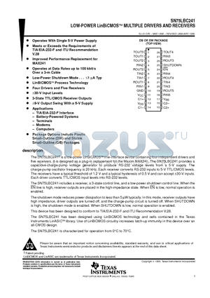 SN75LBC241 datasheet - LOW-POWER LinBiCMOSE MULTIPLE DRIVERS AND RECEIVERS