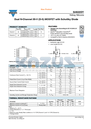 SI4622DY-T1-E3 datasheet - Dual N-Channel 30-V (D-S) MOSFET with Schottky Diode
