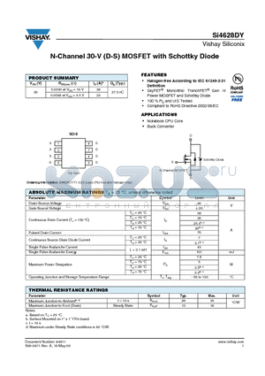 SI4628DY-T1-GE3 datasheet - N-Channel 30-V (D-S) MOSFET with Schottky Diode