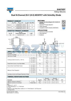 SI4670DY datasheet - Dual N-Channel 25-V (D-S) MOSFET with Schottky Diode