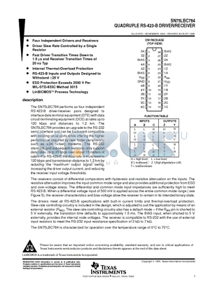 SN75LBC784DW datasheet - QUADRUPLE RS-423-B DRIVER/RECEIVER