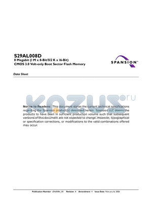 S29AL008D datasheet - 8 Megabit (1 M x 8-Bit/512 K x 16-Bit) CMOS 3.0 Volt-only Boot Sector Flash Memory