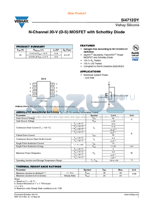 SI4712DY datasheet - N-Channel 30-V (D-S) MOSFET with Schottky Diode