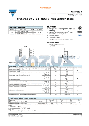 SI4712DY-T1-GE3 datasheet - N-Channel 30-V (D-S) MOSFET with Schottky Diode