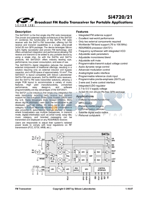 SI4721 datasheet - Broadcast FM Radio Transceiver for Portable Applications