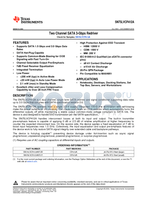 SN75LVCP412ARTJT datasheet - Two Channel SATA 3-Gbps Redriver