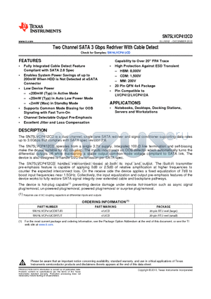SN75LVCP412CD datasheet - Two Channel SATA 3 Gbps Redriver With Cable Detect