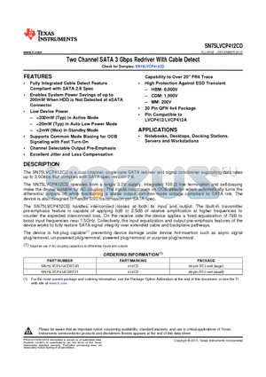 SN75LVCP412CDRTJR datasheet - Two Channel SATA 3 Gbps Redriver With Cable Detect