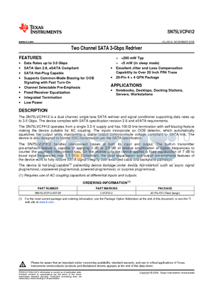 SN75LVCP412RTJR datasheet - Two Channel SATA 3-Gbps Redriver