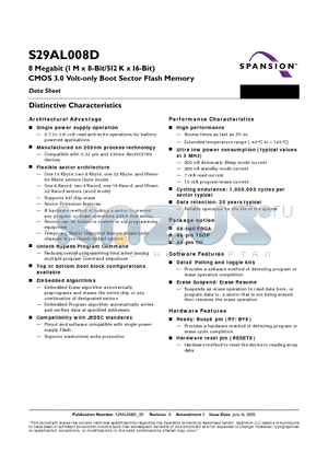 S29AL008D55BFIR20 datasheet - 8 Megabit (1 M x 8-Bit/512 K x 16-Bit) CMOS 3.0 Volt-only Boot Sector Flash Memory