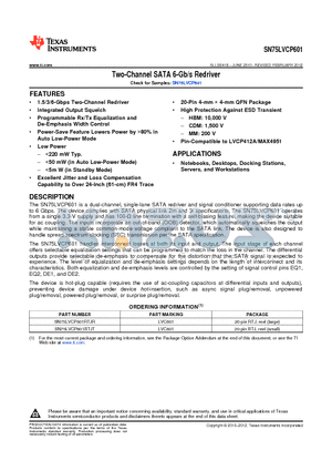 SN75LVCP601RTJT datasheet - Two-Channel SATA 6-Gb/s Redriver